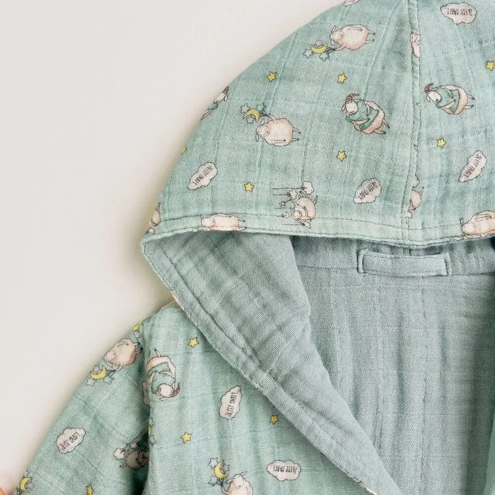 KIDS Organic Muslin Cotton Bathrobe - Reversible Sleepy sheep green